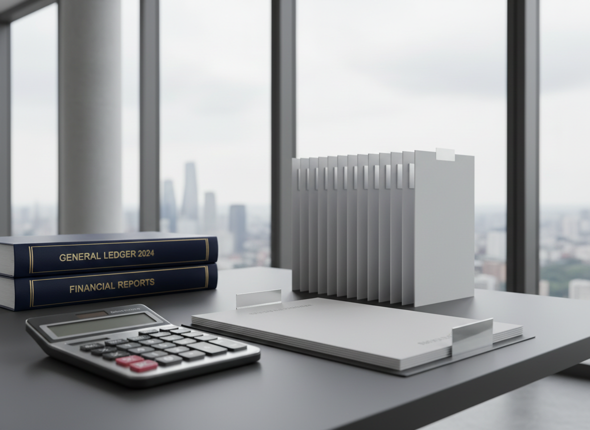 A meticulously organized workspace featuring a matte charcoal desktop with crisp white and silver file folders, a brushed stainless steel calculator, and neatly stacked accounting ledgers with understated navy covers. The desk sits in front of a large floor-to-ceiling window overlooking a city skyline, allowing gentle diffused daylight to bathe the entire scene. The lighting creates faint, even shadows and highlights clean lines throughout the workspace, reinforcing a sense of clarity and order. Captured from an eye-level perspective, the composition remains balanced and uncluttered, with the calculator subtly in the foreground and the ledgers softly in focus, projecting professionalism and reliability in a photographic realist style. This image powerfully symbolizes accuracy, structure, and the sophisticated nature of modern accounting.