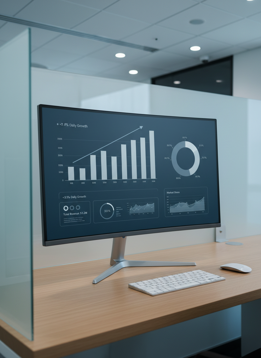 A sleek, high-resolution monitor displaying an elegant financial dashboard, filled with minimalist bar graphs, crisp analytics, and well-defined data points in slate blue and soft gray tones. The monitor is placed on a spotless, light oak desk beside a frosted glass divider, subtly reflecting the graphics. Soft, cool overhead lighting diffuses across the screen and desktop, ensuring reduced glare while emphasizing the monitor’s details. The composition uses a slightly elevated, off-center angle, embracing a clean and modern corporate aesthetic. Altogether, the image evokes a rational, focused atmosphere, perfectly aligning with analytics-driven decision making for businesses.